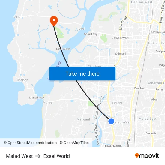 Malad West to Essel World map