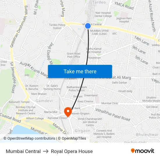 Mumbai Central to Royal Opera House map