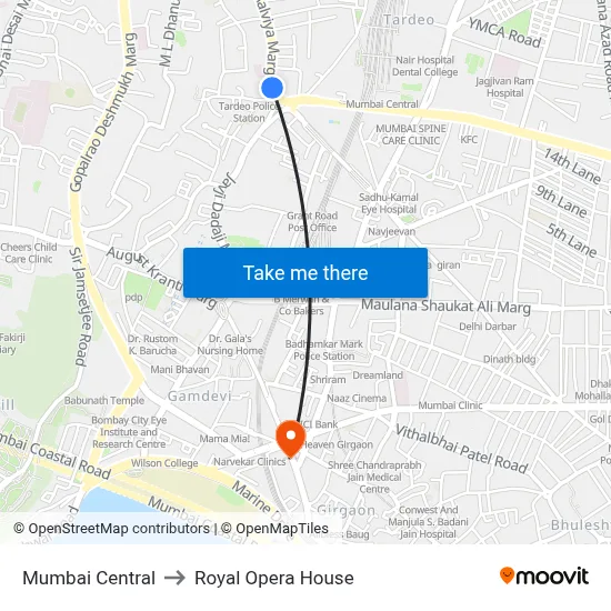 Mumbai Central to Royal Opera House map