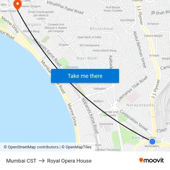 Mumbai CST to Royal Opera House map