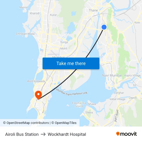 Airoli Bus Station to Wockhardt Hospital map