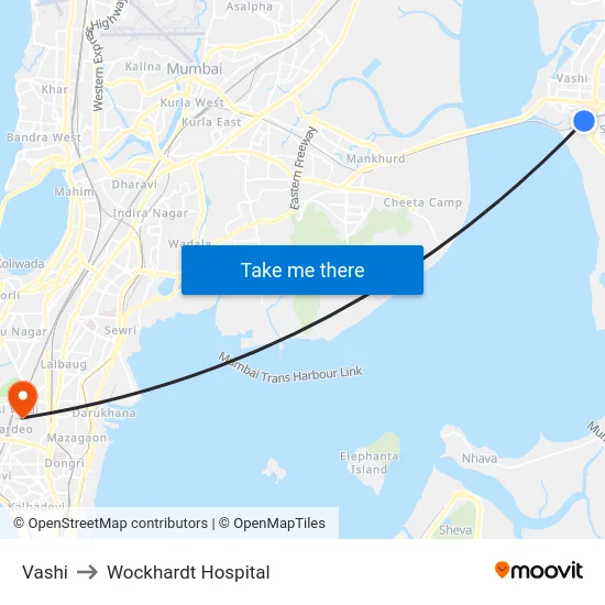 Vashi to Wockhardt Hospital map
