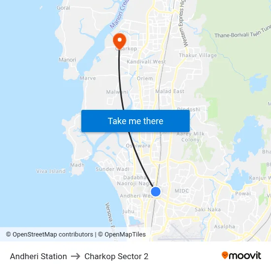 Andheri Station to Charkop Sector 2 map