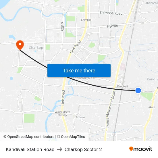 कांदिवली स्टेशन रोड to चारकोप सेक्टर 2 map