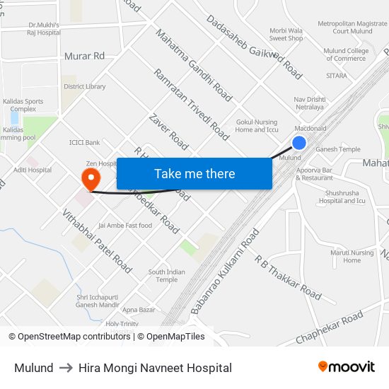 Mulund to Hira Mongi Navneet Hospital map