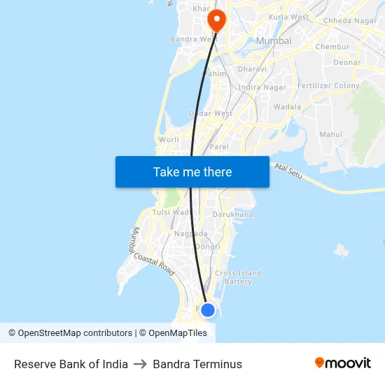 भारतीय रिजर्व बैंक to बांद्रा टर्मिनस map