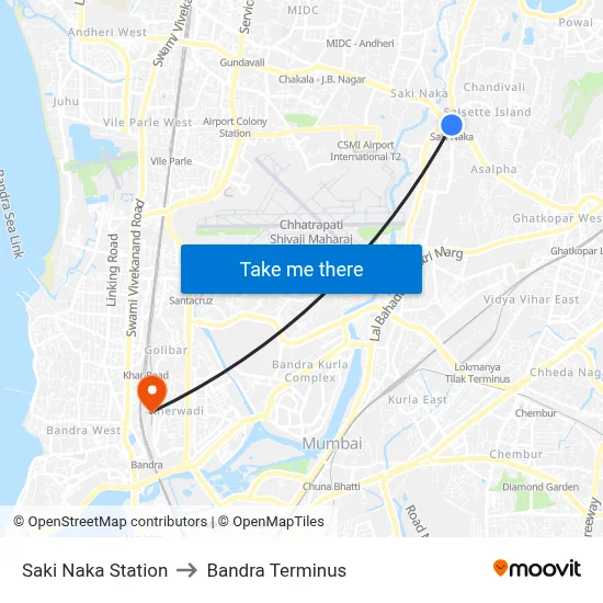 Saki Naka Station to Bandra Terminus map