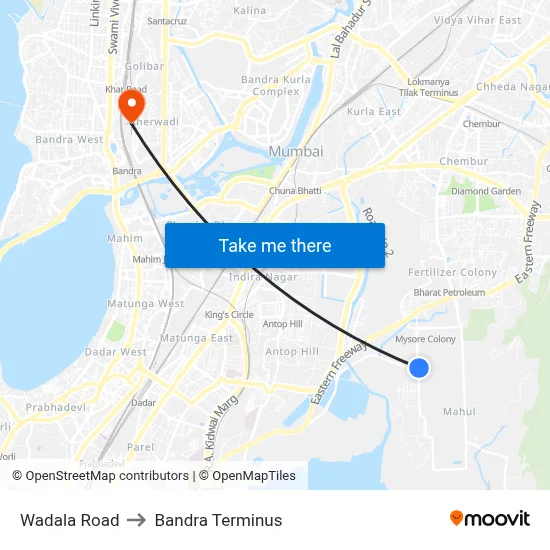 Wadala Road to Bandra Terminus map