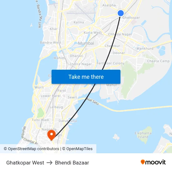 Ghatkopar West to Bhendi Bazaar map