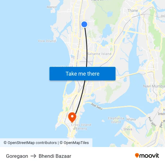Goregaon to Bhendi Bazaar map