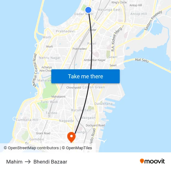 Mahim to Bhendi Bazaar map