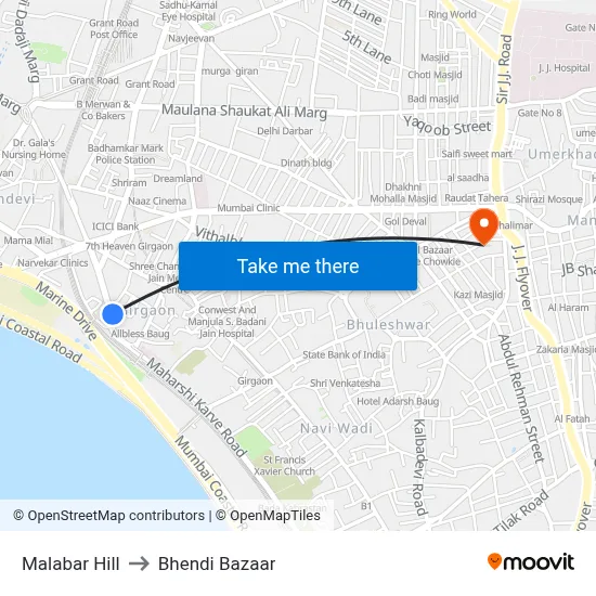 Malabar Hill to Bhendi Bazaar map
