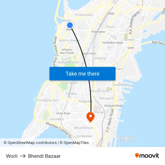 Worli to Bhendi Bazaar map