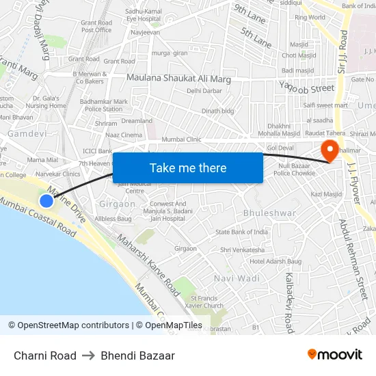 Charni Road to Bhendi Bazaar map