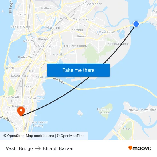 Vashi Bridge to Bhendi Bazaar map