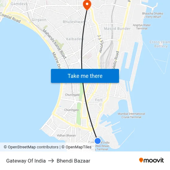 Gateway Of India to Bhendi Bazaar map