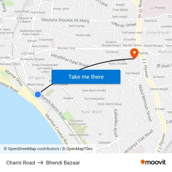 Charni Road to Bhendi Bazaar map