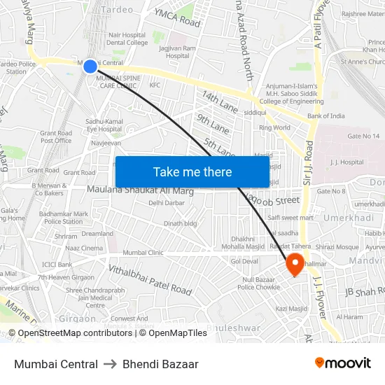 मुंबई सेंट्रल to भेंडी बाजार map