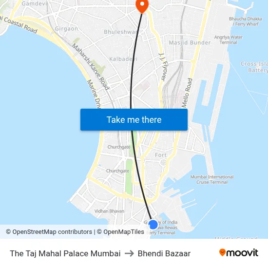 The Taj Mahal Palace Mumbai to Bhendi Bazaar map