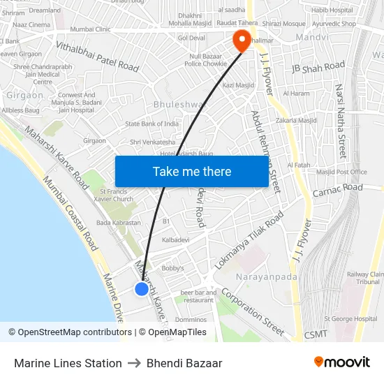 Marine Lines Station to Bhendi Bazaar map
