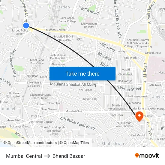 Mumbai Central to Bhendi Bazaar map