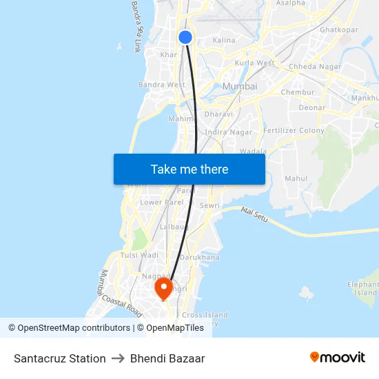 Santacruz Station to Bhendi Bazaar map