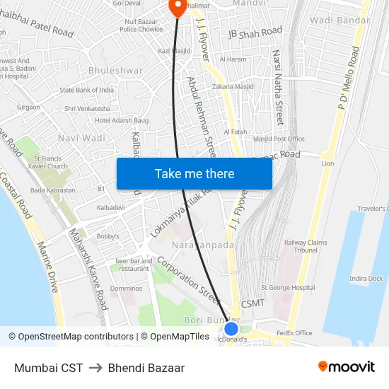 Mumbai CST to Bhendi Bazaar map
