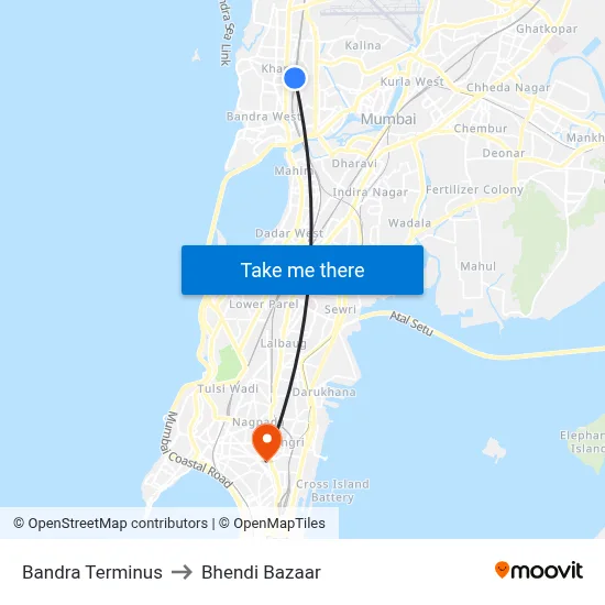 Bandra Terminus to Bhendi Bazaar map