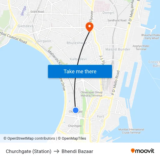 Churchgate (Station) to Bhendi Bazaar map