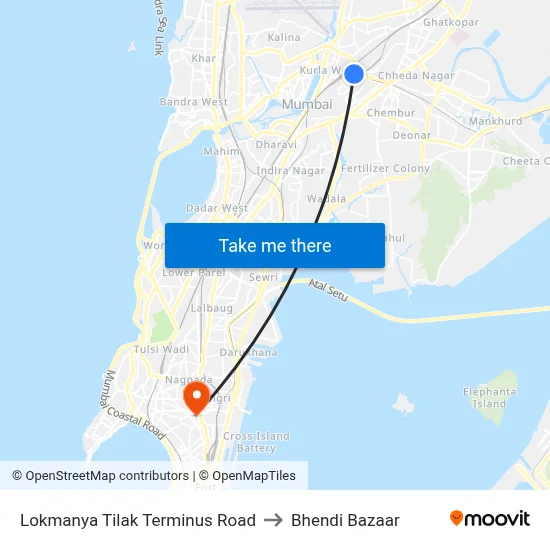 Lokmanya Tilak Terminus Road to Bhendi Bazaar map
