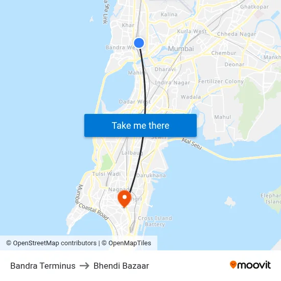 Bandra Terminus to Bhendi Bazaar map
