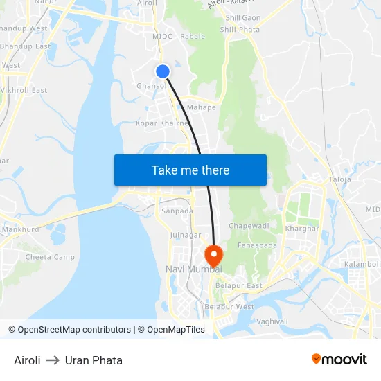 Airoli to Uran Phata map