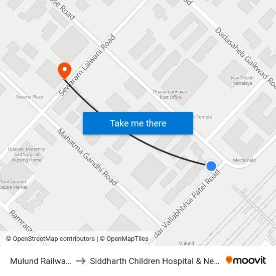 Mulund Railway Station (W) to Siddharth Children Hospital & Neonatal Intensive Care Unit map