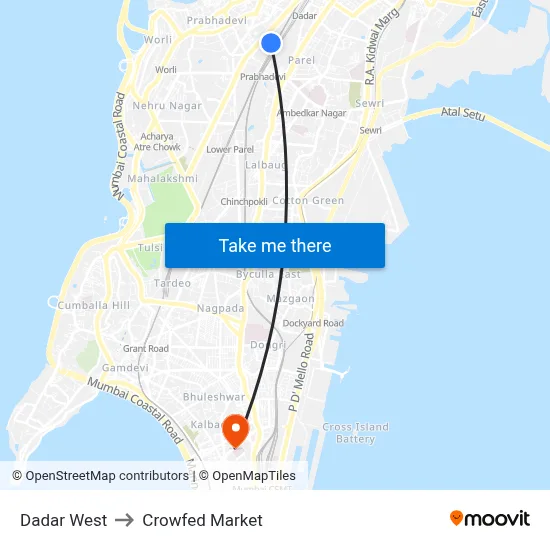 Dadar West to Crowfed Market map