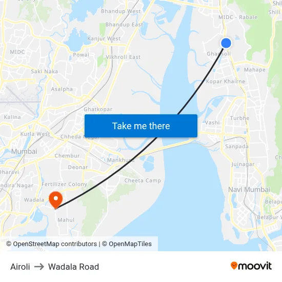 Airoli to Wadala Road map