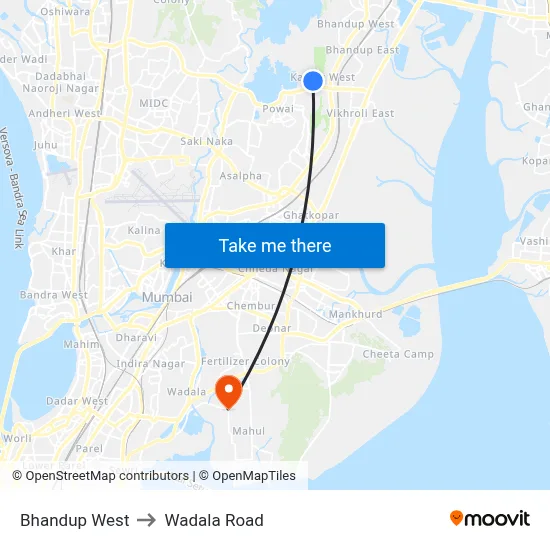 Bhandup West to Wadala Road map