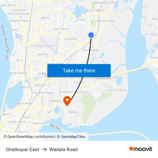 Ghatkopar East to Wadala Road map