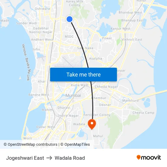 Jogeshwari East to Wadala Road map