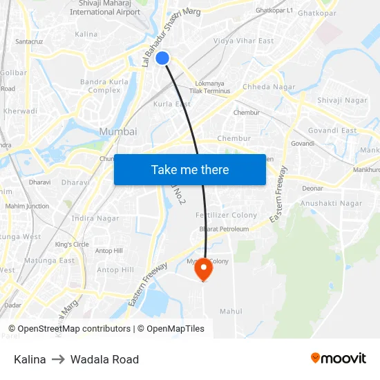 Kalina to Wadala Road map