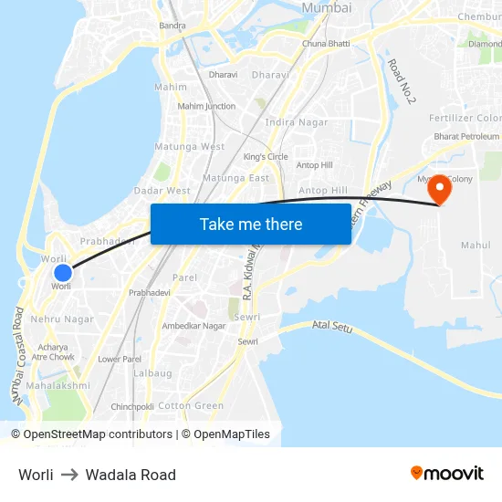Worli to Wadala Road map