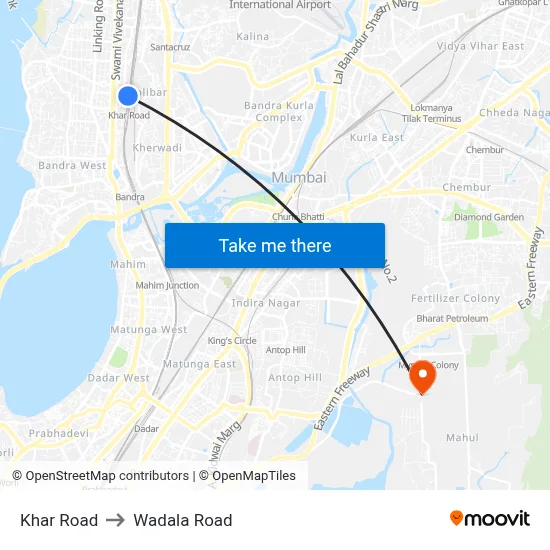 Khar Road to Wadala Road map