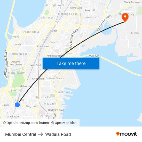 Mumbai Central to Wadala Road map
