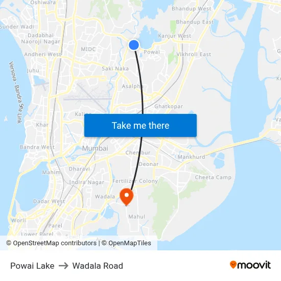Powai Lake to Wadala Road map
