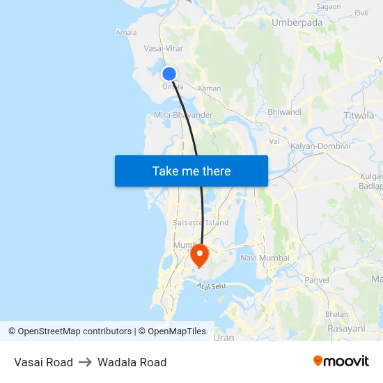 Vasai Road to Wadala Road map
