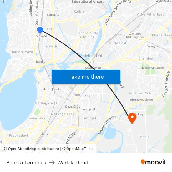 Bandra Terminus to Wadala Road map