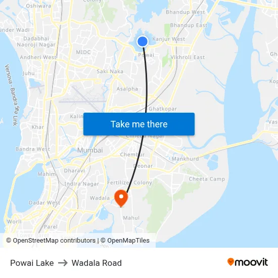 Powai Lake to Wadala Road map