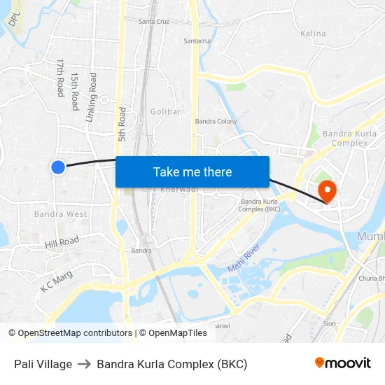 Pali Village to Bandra Kurla Complex (BKC) map