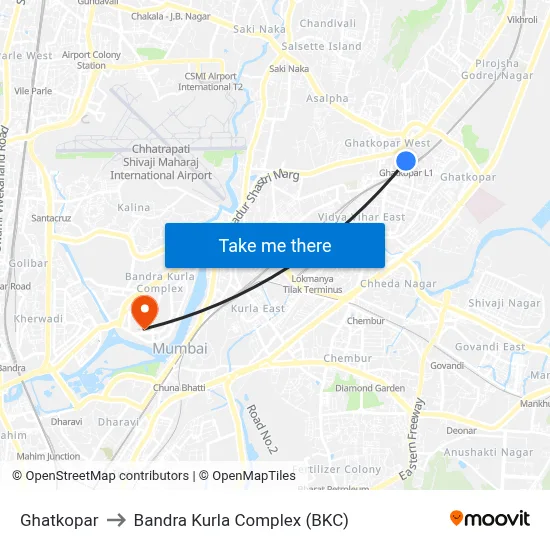 Ghatkopar to Bandra Kurla Complex (BKC) map