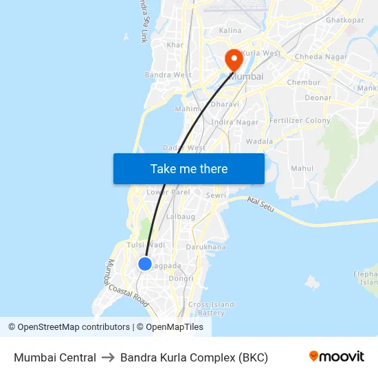 Mumbai Central to Bandra Kurla Complex (BKC) map