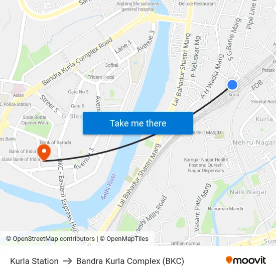Kurla Station to Bandra Kurla Complex (BKC) map